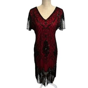 Elegant Red and Black Flapper Women's Dress